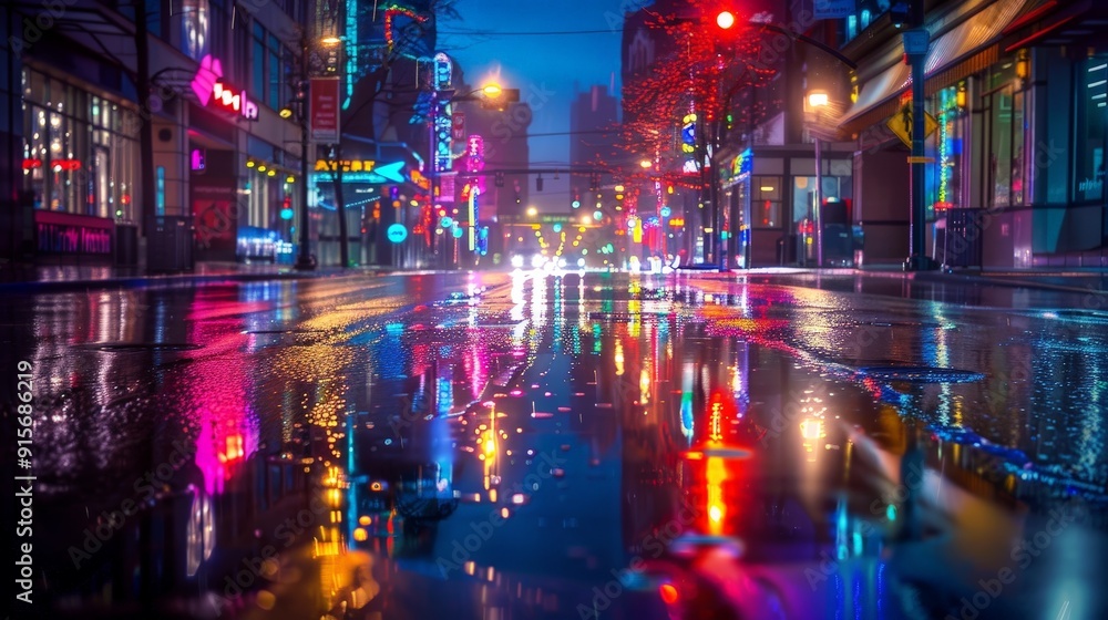 Create a dynamic image of city lights reflecting off a wet street after a rainstorm. Capture the vibrant colors and reflections, with neon signs and streetlights creating a lively, urban atmosphere. Create a dynamic image of city lights reflecting off a wet street after a rainstorm. Capture the vibrant colors and reflections, with neon signs and streetlights creating a lively, urban atmosphere.