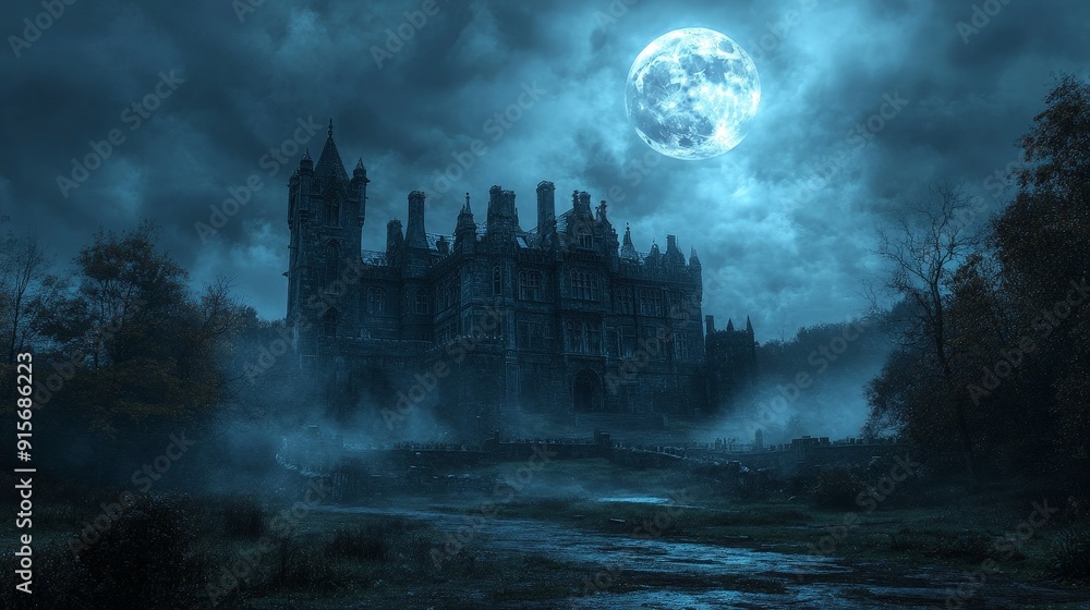 Fototapeta premium Mysterious Medieval Castle Under Moonlit Sky
