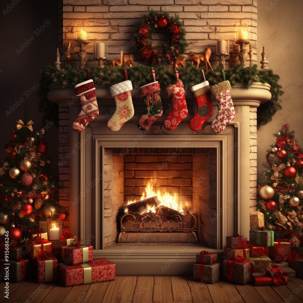3D fireplace with stockings and a decorated mantel, cozy holiday 3D fireplace with stockings and a decorated mantel, cozy holiday