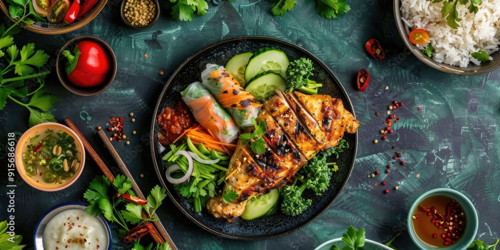 Grilled Chicken with Zucchini Salad Spring Rolls Rice Pilaf and Parsley Topped with Broccoli Seeds Grilled Chicken with Zucchini Salad Spring Rolls Rice Pilaf and Parsley Topped with Broccoli Seeds