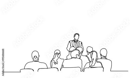 One continuous line drawing of the Audience in the conference hall. The public speaker talks and gives instructions in the conference hall. The public speaker in lectures, in front of the audience.