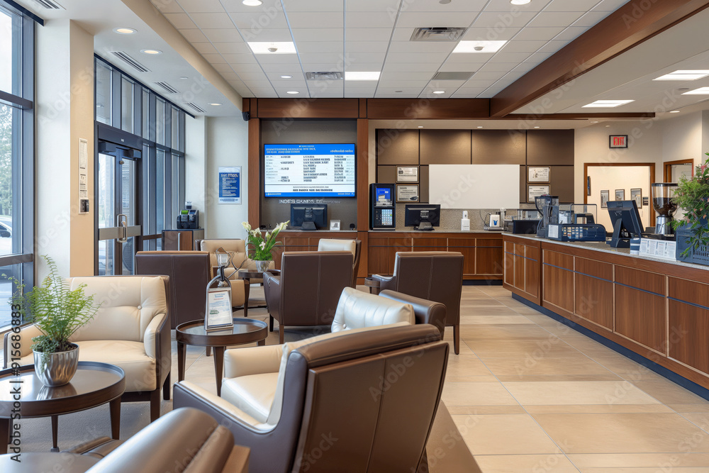 Customer-friendly bank lobby with comfortable seating, a coffee station, and interactive digital displays for financial information. Customer-friendly bank lobby with comfortable seating, a coffee station, and interactive digital displays for financial information.