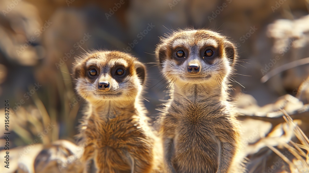 Fototapeta premium Meerkat in a group, vibrant bright fashionable outfits isolated on solid background.