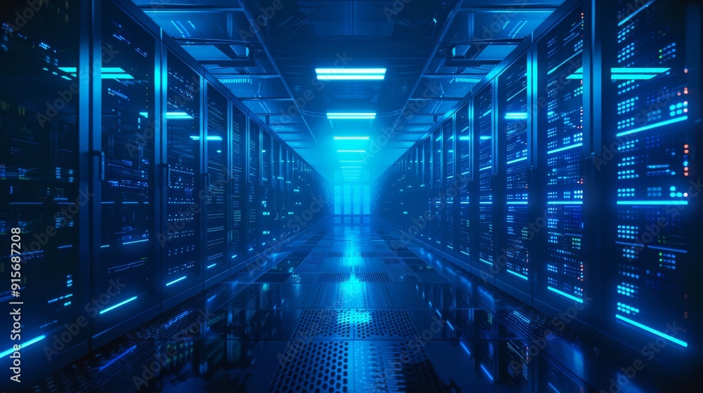 A dark data center illuminated by eerie blue lighting, with rows of servers and blinking network equipment creating a futuristic atmosphere. A dark data center illuminated by eerie blue lighting, with rows of servers and blinking network equipment creating a futuristic atmosphere.