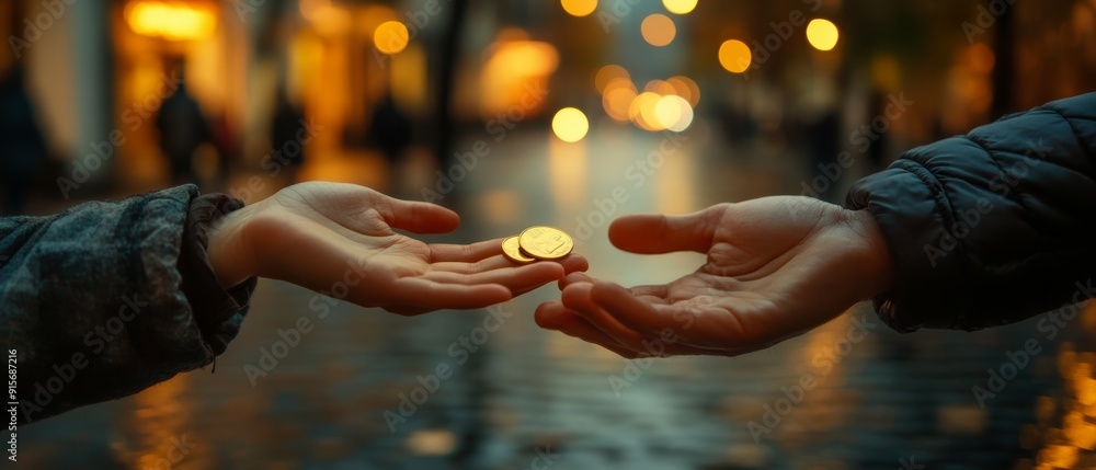 A symbolic exchange of coins between two hands, set against a blurred, brightly lit urban background, conveying themes of generosity and connection