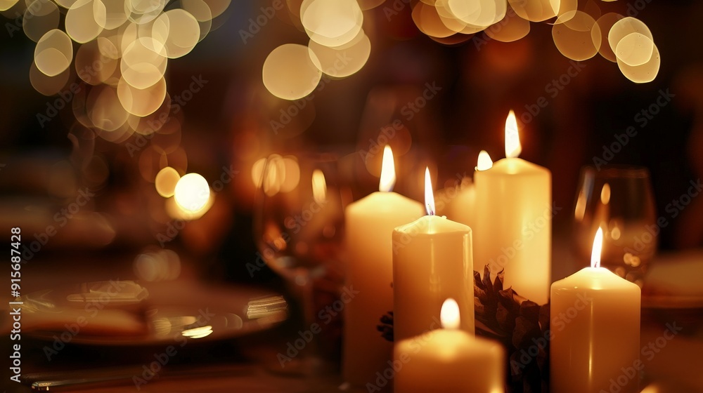Create a soothing scene of a candlelit dinner. Show a beautifully set table with flickering candles providing soft, warm light. Create a soothing scene of a candlelit dinner. Show a beautifully set table with flickering candles providing soft, warm light.