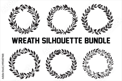Hand Drawn Wreath set. Set of circle floral Wreath frame with black silhouettes. Floral wreaths Vector illustration.
