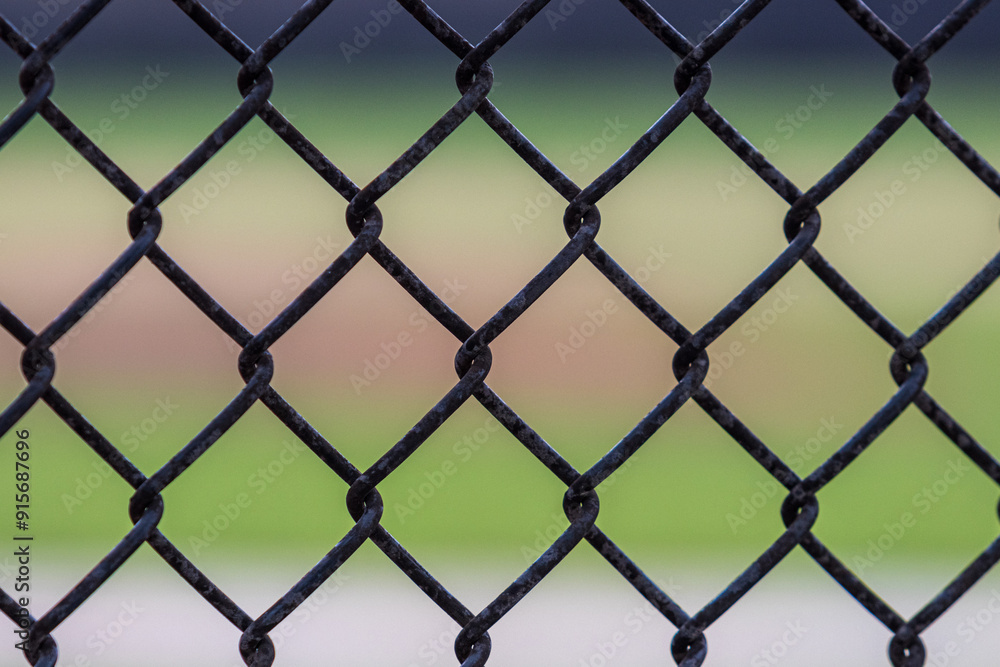 Tight photo of a chain link fence taken at a baseball field during bright daylight with green grass in the background. Tight photo of a chain link fence taken at a baseball field during bright daylight with green grass in the background.