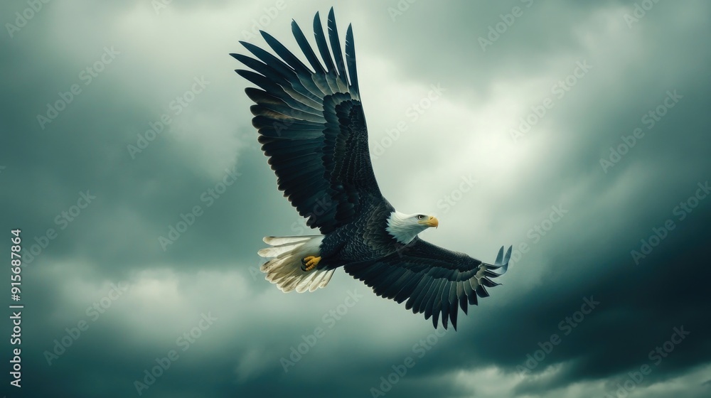 Fototapeta premium A bald eagle soaring through a cloudy sky
