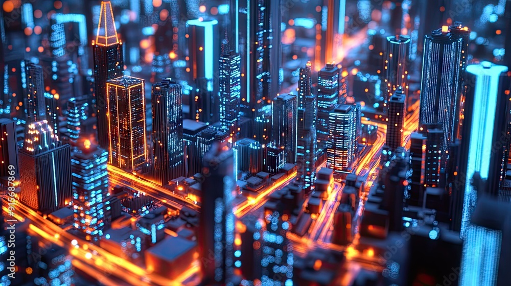 3D cityscape with digital skyscrapers and traffic, representing big data and cyber security concepts. 3D cityscape with digital skyscrapers and traffic, representing big data and cyber security concepts.