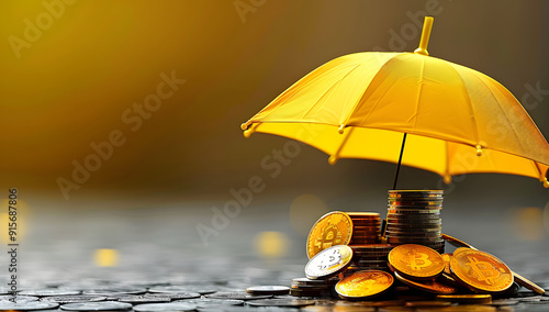 Wallpaper Mural Yellow Umbrella Shielding Stacks of Coins in Minimalist Style Torontodigital.ca