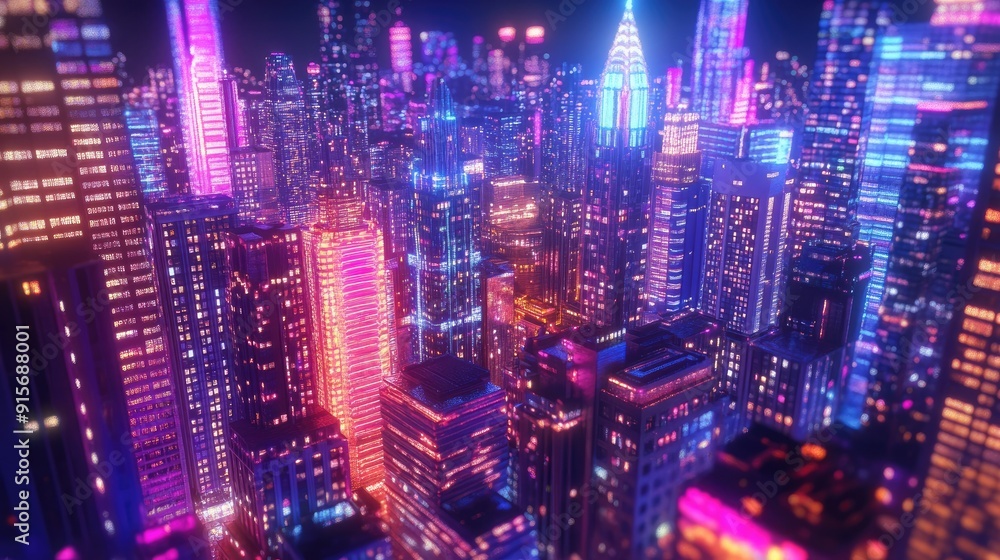 3D illustration of a colorful night city with neon lights. Skyscrapers and downtown buildings in a vibrant urban setting. 3D illustration of a colorful night city with neon lights. Skyscrapers and downtown buildings in a vibrant urban setting.