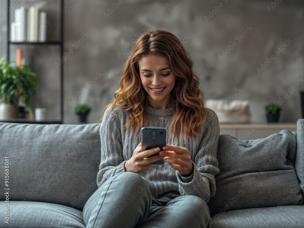 Mulher sentada em seu sofá imerso ao mundo digital como redes sociais e sites de compras em seu smartphone Mulher sentada em seu sofá imerso ao mundo digital como redes sociais e sites de compras em seu smartphone