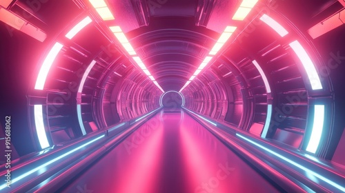 3D illustration of a futuristic tunnel with reflective textures and neon lights.