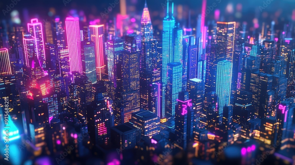 Fototapeta premium 3D illustration of a night city with glowing neon lights and vivid colors. Skyscrapers, buildings, and downtown architecture.