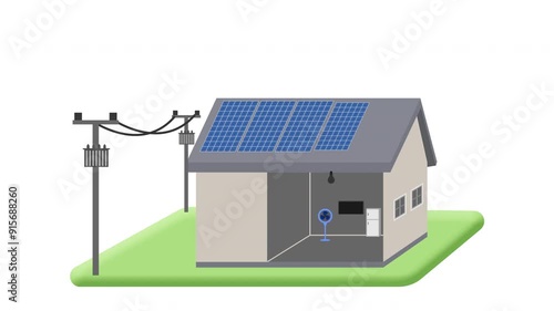 animated solar cell system, simple hybrid solar power system diagram on house. animation video footage isolated on white background.