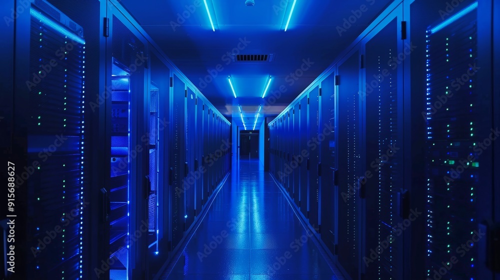 Dark and atmospheric data center corridor, with blue lighting highlighting the sleek rows of servers and network equipment. Dark and atmospheric data center corridor, with blue lighting highlighting the sleek rows of servers and network equipment.