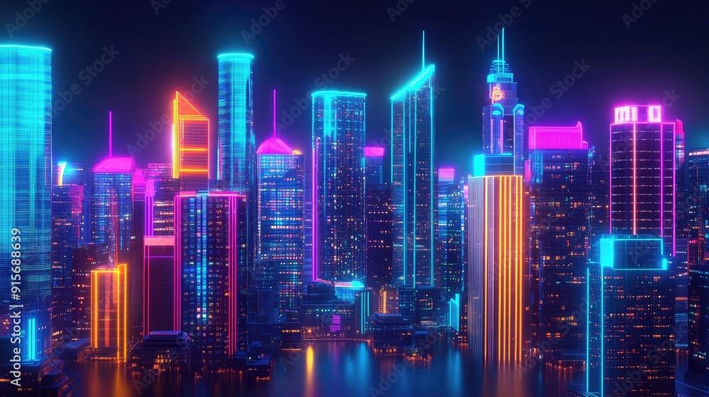 Obraz premium 3D night city with vivid neon lights and skyscrapers. Detailed illustration of downtown architecture and vibrant megapolis.