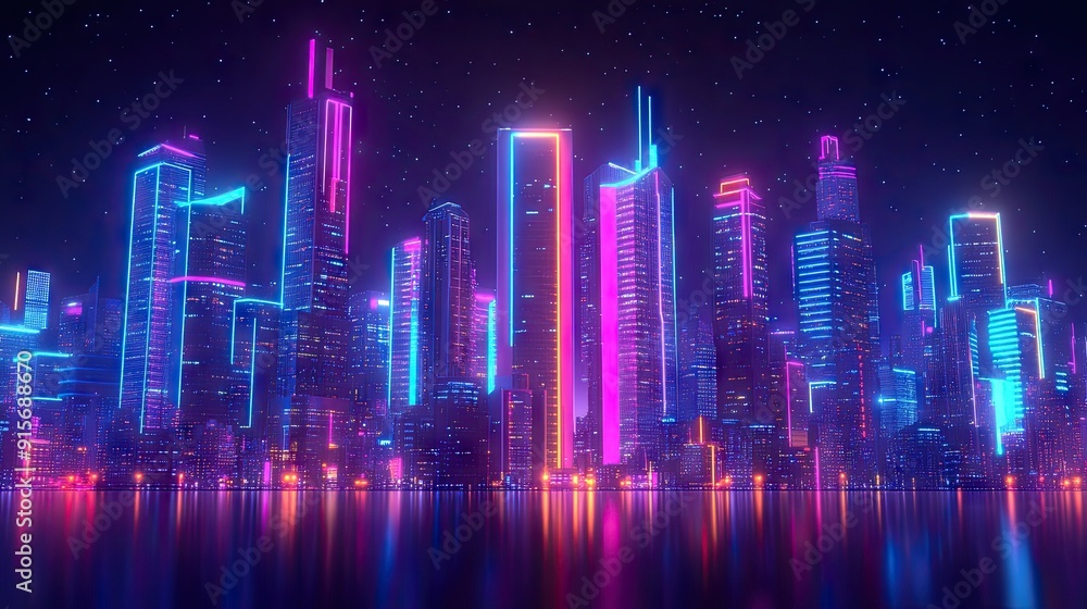 3D night city with vivid neon lights and skyscrapers. Detailed illustration of a megapolis with colorful downtown architecture. 3D night city with vivid neon lights and skyscrapers. Detailed illustration of a megapolis with colorful downtown architecture.