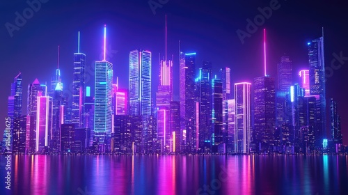 3D night city with vivid neon lights and skyscrapers. Detailed illustration of downtown architecture and vibrant megapolis.