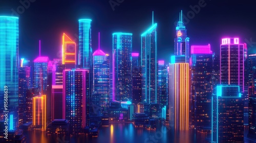 3D night city with vivid neon lights and skyscrapers. Detailed illustration of downtown architecture and vibrant megapolis.