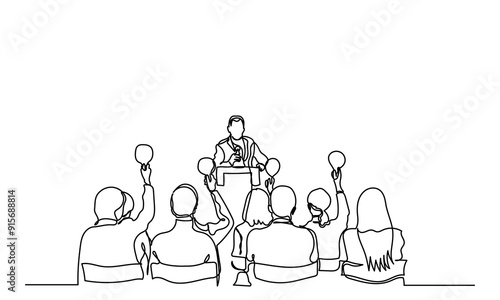 One continuous line drawing of the Audience in the conference hall. The public speaker talks and gives instructions in the conference hall. The public speaker in lectures, in front of the audience.