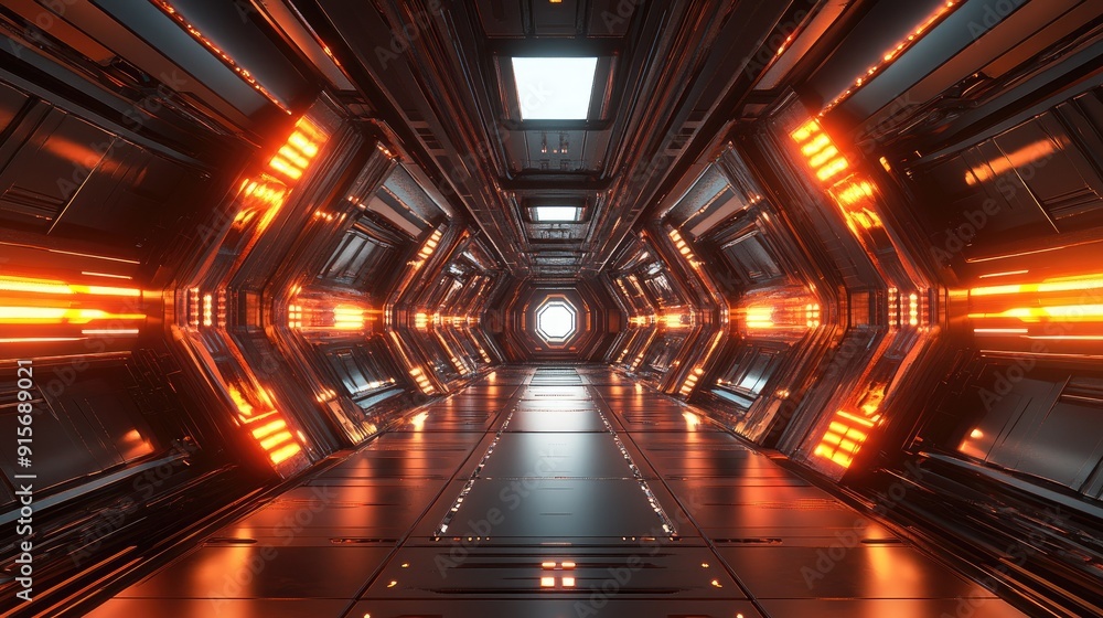 3D render of an infinite corridor with glowing lights and reflective surfaces. Sci-fi background. 3D render of an infinite corridor with glowing lights and reflective surfaces. Sci-fi background.