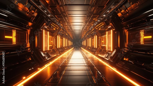 3D render of an infinite corridor with glowing lights and reflective surfaces. Sci-fi concept.