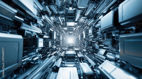 Fototapeta Naklejka Na Ścianę i Meble -  3D rendering of a futuristic space station built from metallic cubes.