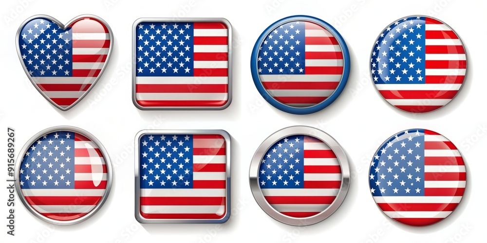 A vibrant collection of United States of America flag icons, badges, and labels in various styles and colors, perfect for patriotic designs and graphics.