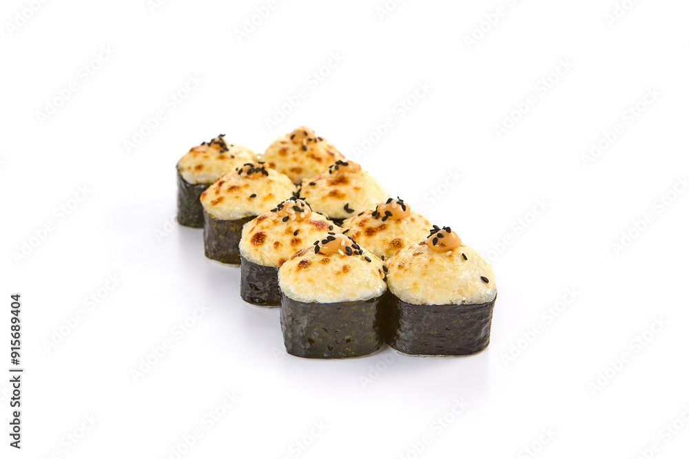 Baked Sushi Rolls with Cheese Topping and Shrimp Filling on White Background Baked Sushi Rolls with Cheese Topping and Shrimp Filling on White Background