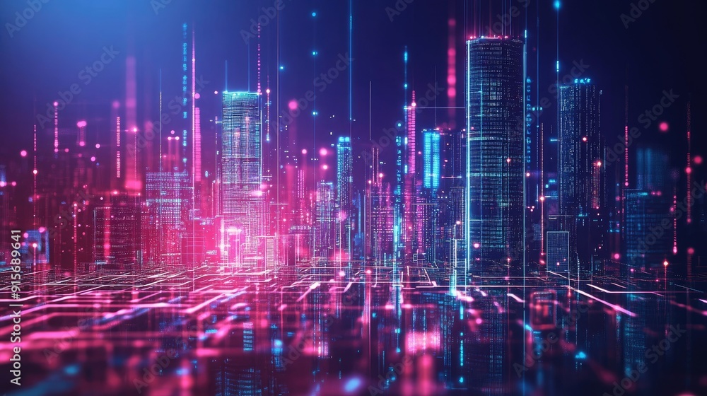 Abstract city skyline with digital buildings and data connections highlighting big data and security. Abstract city skyline with digital buildings and data connections highlighting big data and security.