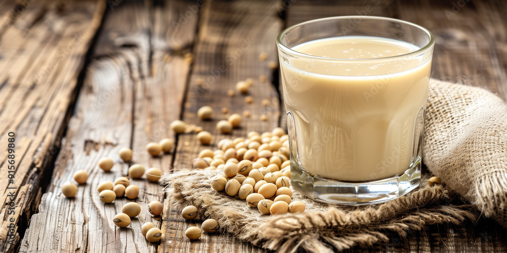 Glass of soy milk with soybeans scattered on rustic wooden surface Glass of soy milk with soybeans scattered on rustic wooden surface