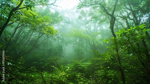 Dense fog envelops a lush green forest during early morning hours