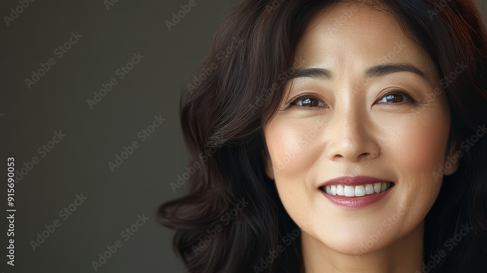 A mid-aged Asian woman smiles warmly with soft natural light around her A mid-aged Asian woman smiles warmly with soft natural light around her