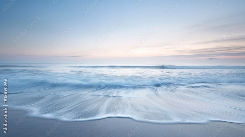 Gentle waves lapping at the shore during dawn on a calm beach Gentle waves lapping at the shore during dawn on a calm beach