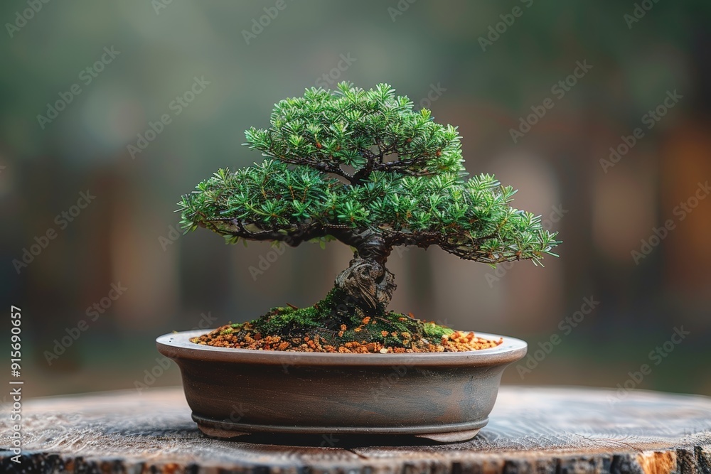 Bonsai with aromatic green leaves and a woody trunk, styled in a contemporary pot against a simple backdrop Bonsai with aromatic green leaves and a woody trunk, styled in a contemporary pot against a simple backdrop