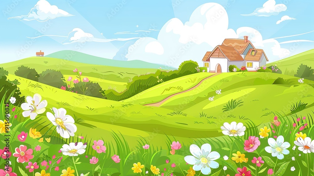 Fototapeta premium A quaint cottage surrounded by colorful flowers in a sunny green landscape during springtime