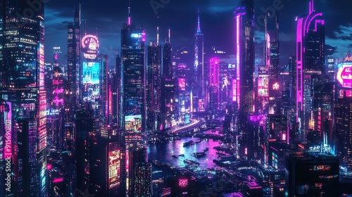 Wallpaper Mural Bright and vibrant futuristic city at night with neon lights. Wide perspective view featuring a colorful cyberpunk and retro wave cityscape. f417754e3998 Torontodigital.ca