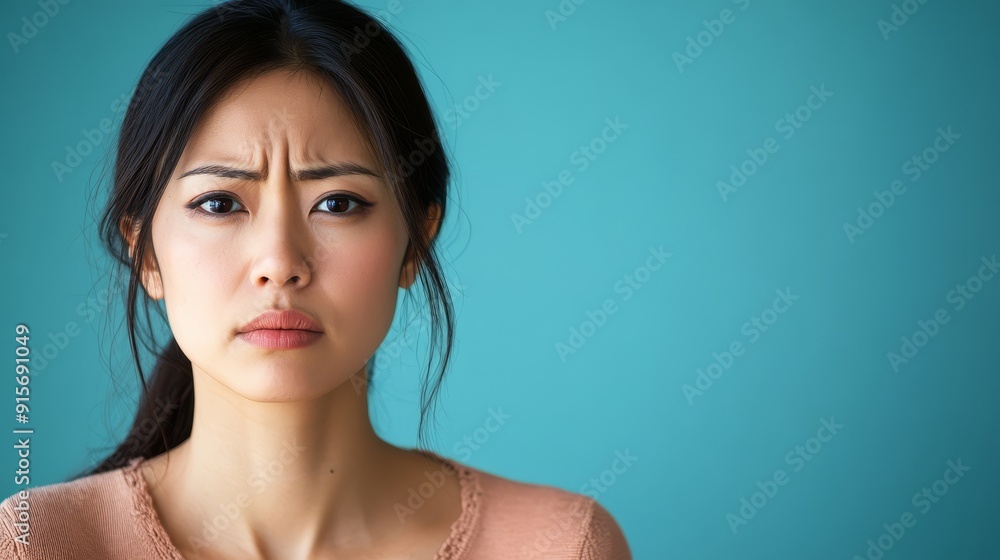 A mid-aged Asian woman conveys a poignant sadness against a calming backdrop A mid-aged Asian woman conveys a poignant sadness against a calming backdrop