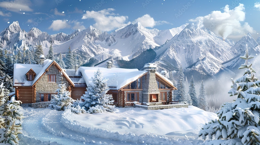 Cozy cabin nestled in a snow-covered landscape with majestic mountains during a winter afternoon Cozy cabin nestled in a snow-covered landscape with majestic mountains during a winter afternoon