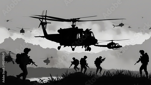 Illustration of military helicopters flying over a battlefield with smoke rising in the distance