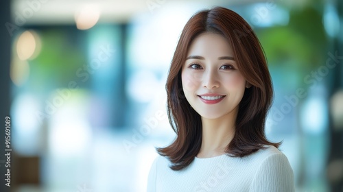 A cheerful woman radiates warmth and positivity in a bright, modern space Free Download A cheerful woman radiates warmth and positivity in a bright, modern space - GFXLoad