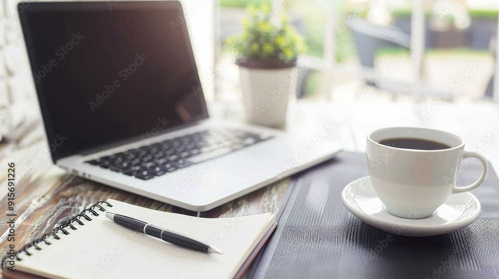A cozy workspace featuring a laptop, notebook, pen, and coffee cup on a wooden table with a plant in the background A cozy workspace featuring a laptop, notebook, pen, and coffee cup on a wooden table with a plant in the background