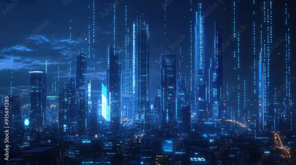 City skyline illuminated by neon blue lights with binary code streaming across. Concept of advanced technology and data flow in a futuristic city. City skyline illuminated by neon blue lights with binary code streaming across. Concept of advanced technology and data flow in a futuristic city.