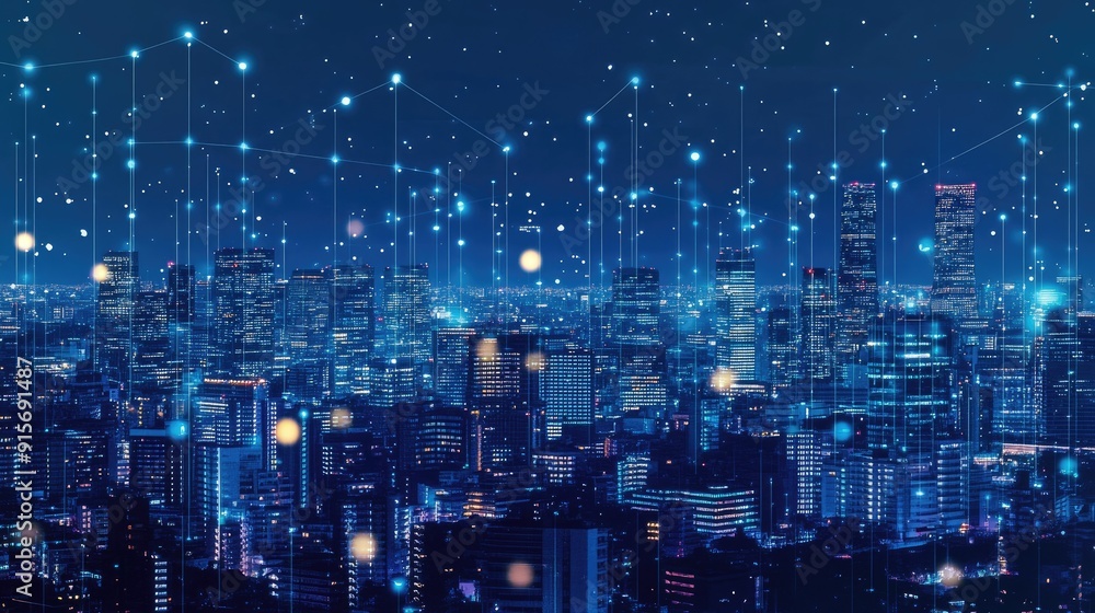 Fototapeta premium City skyline with illuminated skyscrapers and data connections symbolizing big data and technology.