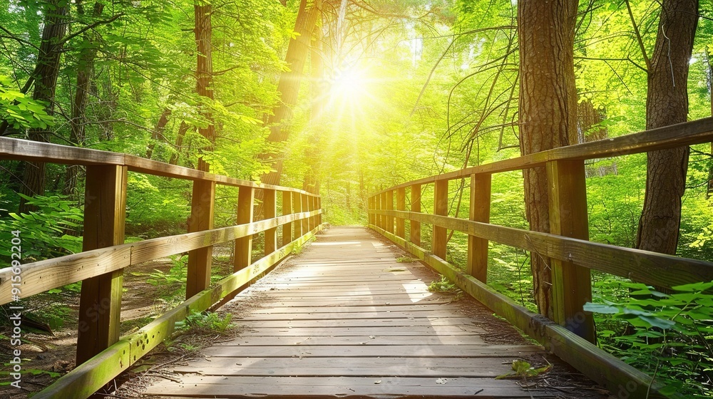Obraz premium Sunlight filters through trees along a wooden pathway in a vibrant green forest during the early morning hours