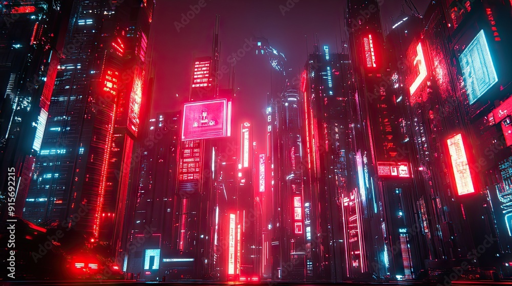 Cyberpunk city at night with a red light technology backdrop. Neon signs and futuristic architecture rendered in vivid 3D. Cyberpunk city at night with a red light technology backdrop. Neon signs and futuristic architecture rendered in vivid 3D.