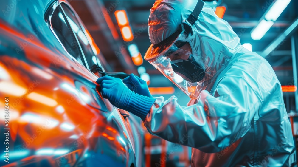Fototapeta premium Wide-angle view of a car painter in full protective gear meticulously painting a car with a blend of blue and orange hues in a well-lit auto workshop.
