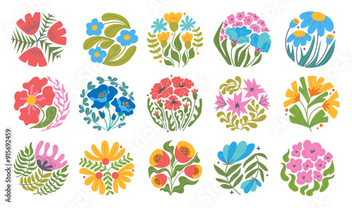Groovy abstract flower set. Organic botanic floral circle shapes in trendy naive retro hippie 60s 70s style. Floral poster.